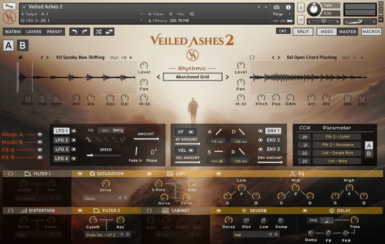 Veiled Ashes Kontakt 6 GUI showcasing modulation matrix and selected preset for evolving soundscapes