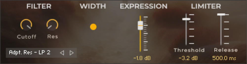 User interface for the master controls for Veiled Ashes for Kontakt 6