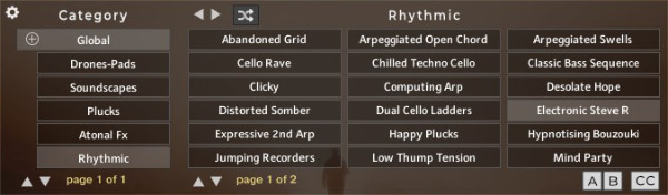 The preset browser from Veiled Ashes for Kontakt with subcategories of different sounds